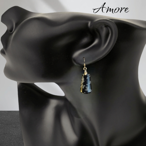 18k white gold Natural Black Snowflake Obsidian Trapezoid Stone Earrings - Picture 8 of 8